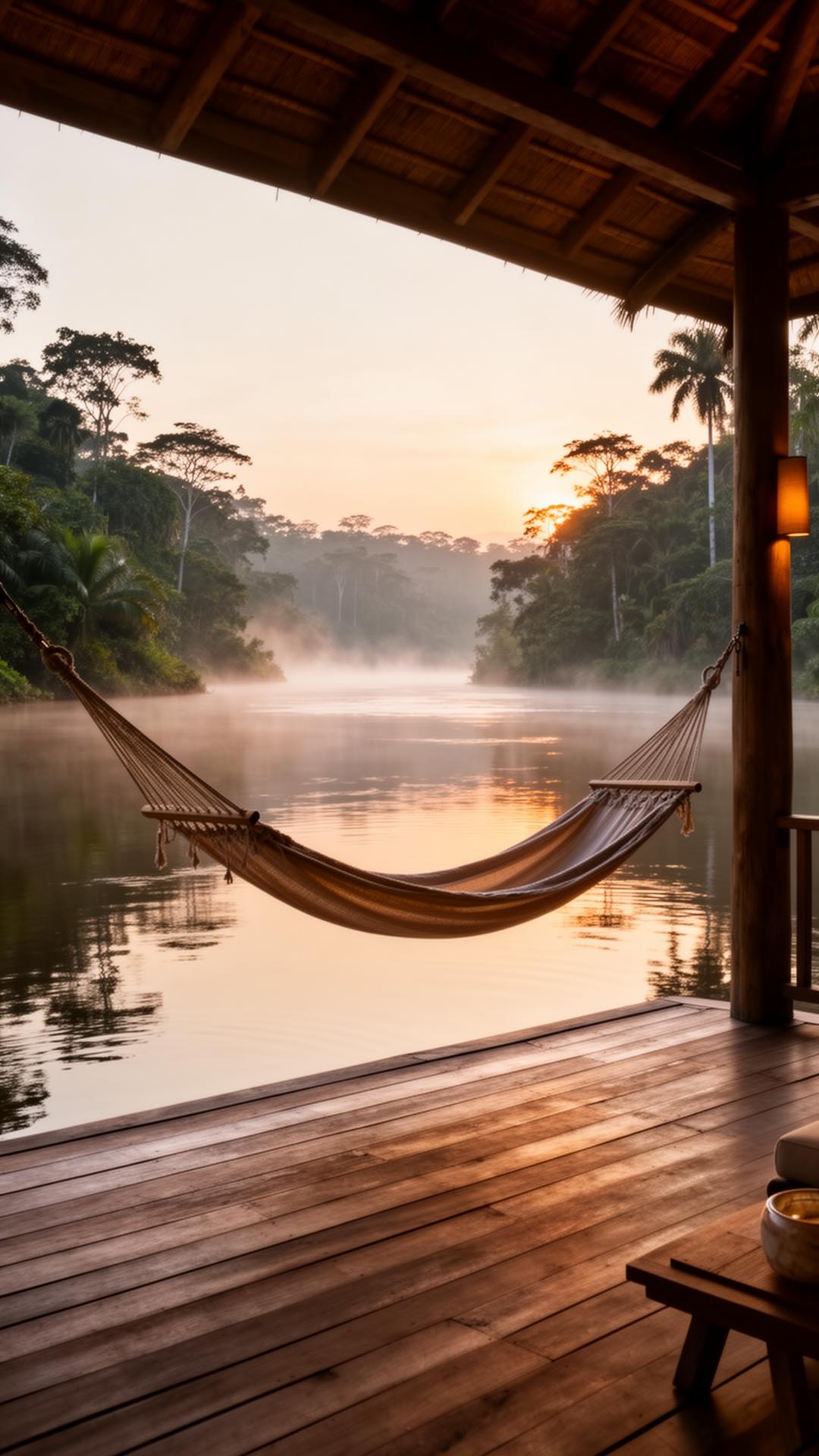 Deck à beira do rio na Amazônia ao amanhecer