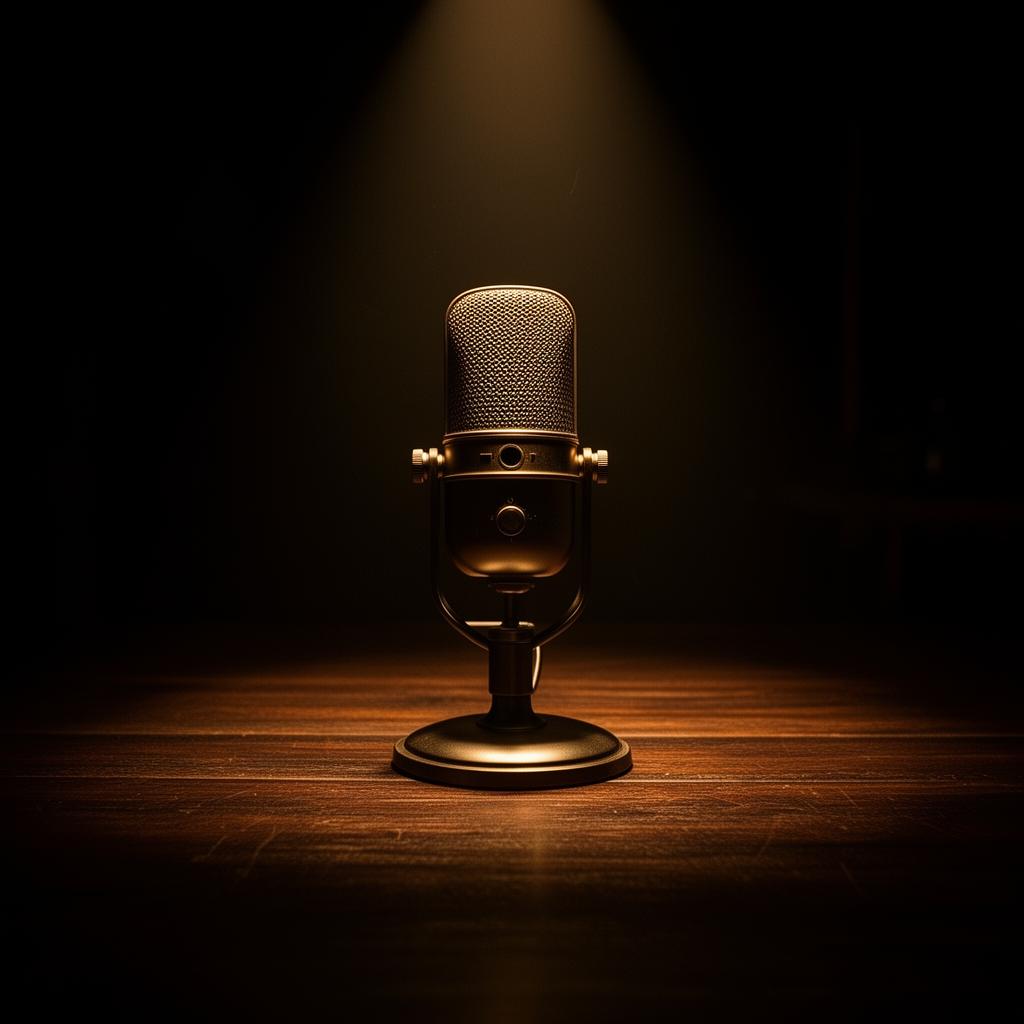 Microfone de podcast com iluminação dourada